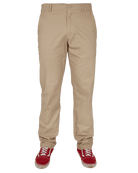 Dixxon Canada. Khaki Chino Pants. Model standing straight, showcasing the front design with a slim-fit seat, straight-leg cut, and tunnel belt loops.