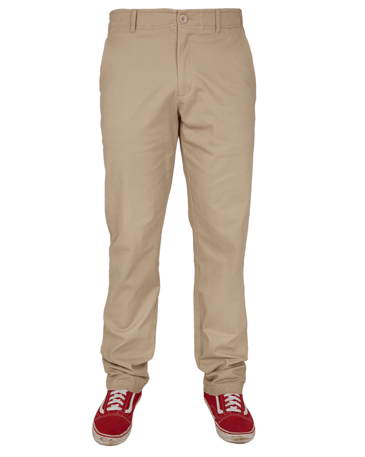 Dixxon Canada. Khaki Chino Pants. Model standing straight, showcasing the front design with a slim-fit seat, straight-leg cut, and tunnel belt loops.
