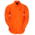 Dixxon Canada. Workforce FR Flannel Safety Orange - Mens. Hi-vis orange men's FR flannel with flame-resistant melamine buttons, dual chest pockets, and extended sleeve plackets, made from an 88% cotton/12% nylon blend.