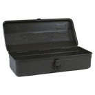 Toyo Steel Y-350 Moss Green. Open lid reveals a spacious interior with a moss green steel finish, featuring a round handle and camber-top design. 1.3kg.